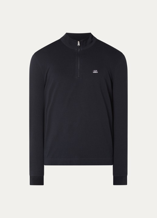 C.P. Company Slim fit polo van piqué katoen met halve rits en logo - voorkant 3 donkerblauw