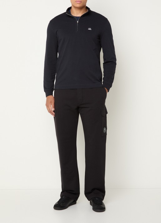 C.P. Company Slim fit polo van piqué katoen met halve rits en logo - voorkant 4 donkerblauw