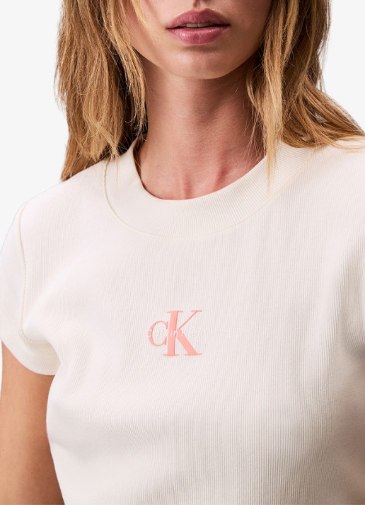Calvin Klein Cropped T-shirt met logo - detail 4 beige