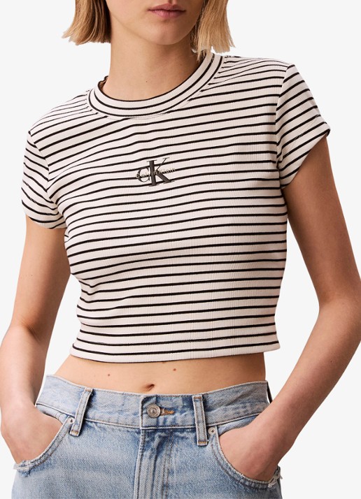 Calvin Klein Cropped T-shirt met logoborduring en streepprint - detail 3 zwart