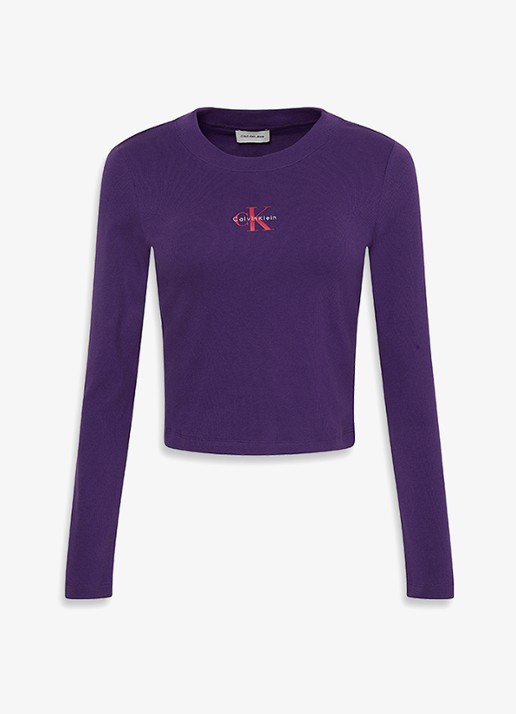 Calvin Klein Longsleeve top met logo en ronde hals - voorkant paars