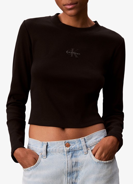 Calvin Klein Longsleeve top met logo en ronde hals - detail 6 zwart