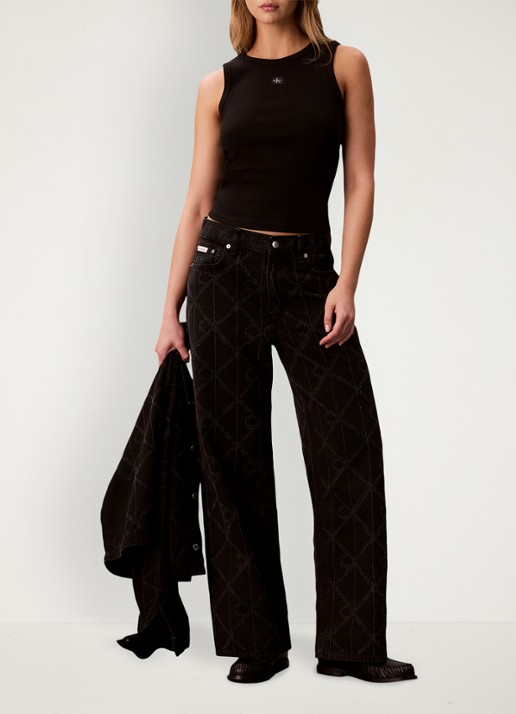 Calvin Klein Low waist wide fit jeans met logoprint - voorkant 2 zwart