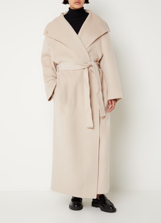 Calvin Klein Mantel van wol met strikceintuur en steekzakken - detail 2 beige