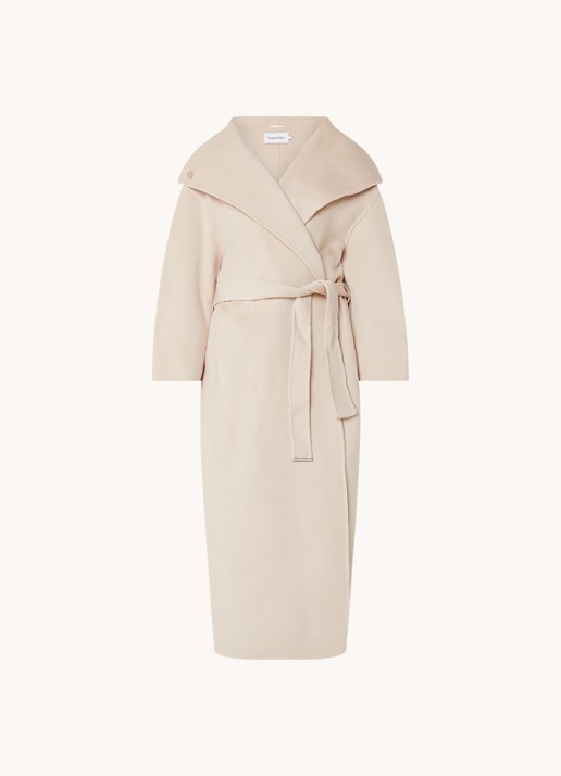 Calvin Klein Mantel van wol met strikceintuur en steekzakken - voorkant 3 beige