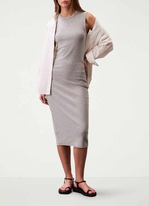 Calvin Klein Midi jurk met ribstructuur met logoborduring - voorkant 2 grijsmele
