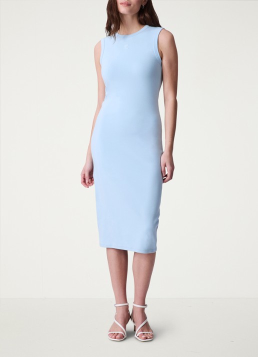 Calvin Klein Midi jurk met ribstructuur met logoborduring - voorkant lichtblauw