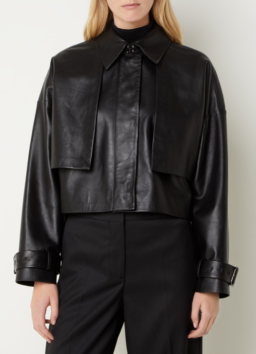 Calvin Klein Oversized cropped bikerjack van lamsleer - detail 4 zwart