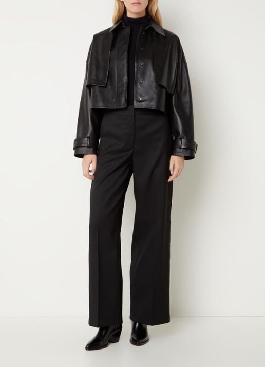 Calvin Klein Oversized cropped bikerjack van lamsleer - voorkant 3 zwart