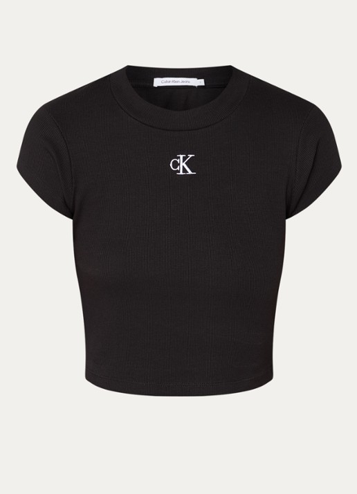 Calvin Klein Ribgebreid cropped T-shirt met logoborduring - voorkant 3 zwart