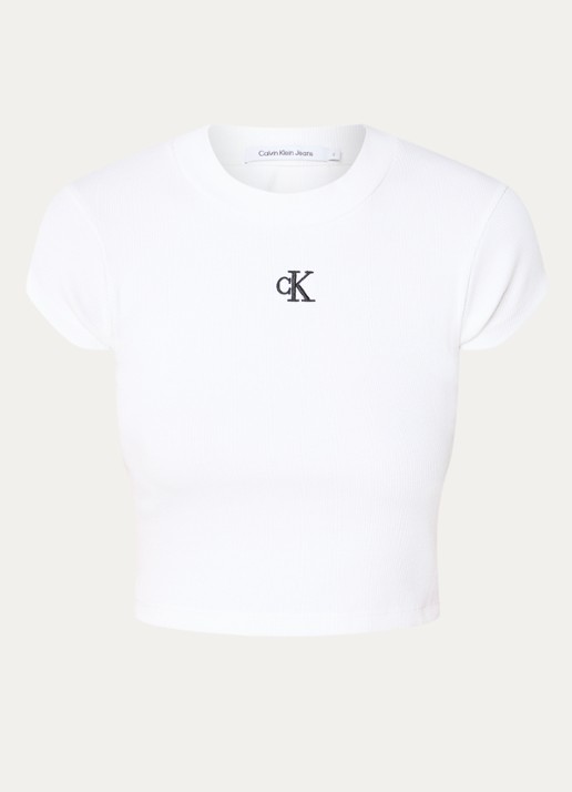 Calvin Klein Ribgebreid cropped T-shirt met logoborduring - voorkant 2 wit