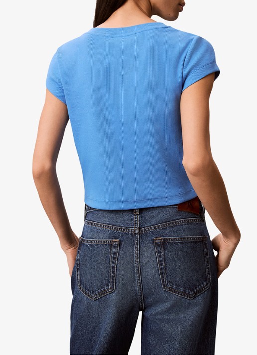 Calvin Klein Ribgebreid cropped T-shirt met V-hals - achterkant marina-cg1 /  blauw