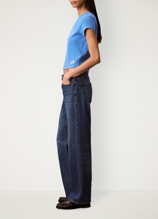 Calvin Klein Ribgebreid cropped T-shirt met V-hals - detail 6 marina-cg1 /  blauw