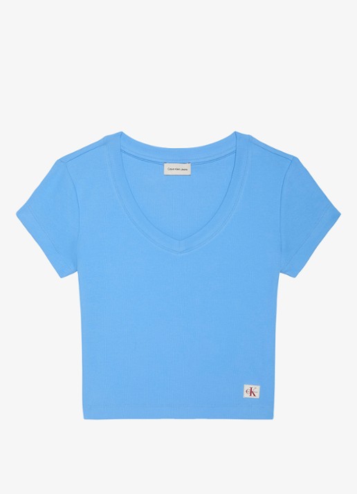 Calvin Klein Ribgebreid cropped T-shirt met V-hals - voorkant 2 marina-cg1 /  blauw