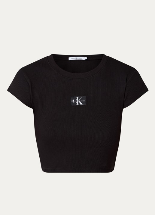 Calvin Klein Ribgebreide crop top met logo - voorkant 3 zwart