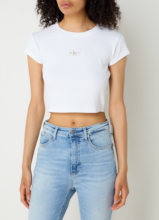 Calvin Klein Ribgebreide crop top met logo - detail wit