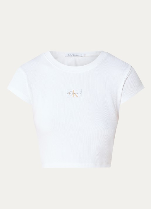 Calvin Klein Ribgebreide crop top met logo - voorkant 2 wit