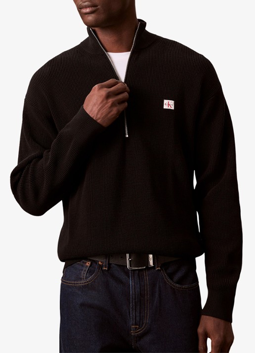 Calvin Klein Ribgebreide trui met halve rits  - detail 6 zwart