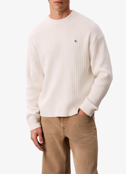 Calvin Klein Ribgebreide trui met logo - detail ivoor