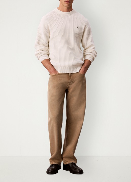 Calvin Klein Ribgebreide trui met logo - voorkant 5 ivoor