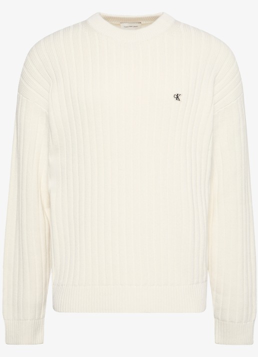 Calvin Klein Ribgebreide trui met logoborduring - voorkant ivoor