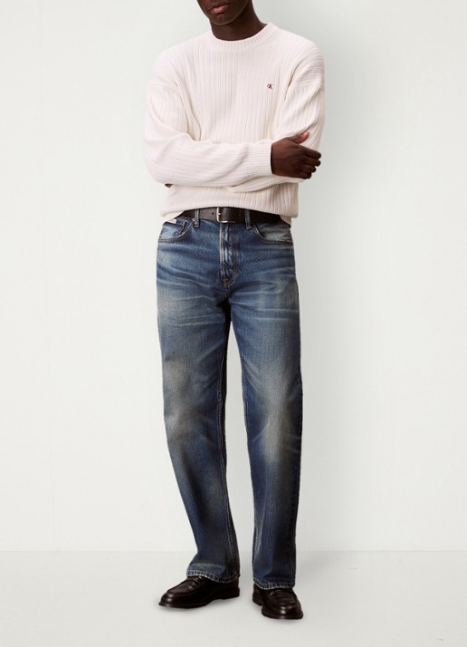 Calvin Klein Ribgebreide trui met logoborduring - voorkant 2 ivoor