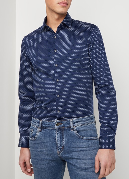 Calvin Klein Slim fit overhemd met stippendessin - detail 3 donkerblauw