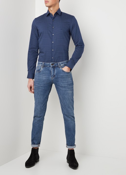 Calvin Klein Slim fit overhemd met stippendessin - voorkant 2 donkerblauw
