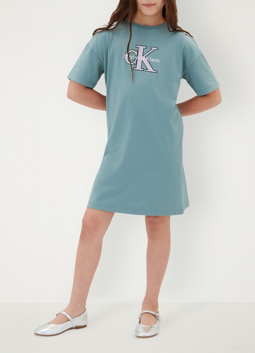 Calvin Klein T-Shirt jurk met logoborduring - voorkant 4 blauwgrijs