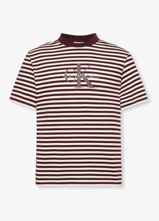 Calvin Klein T-shirt met streepprint en logo - voorkant bruin