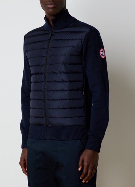 Canada Goose Hybridge ribgebreid vest van wol met gewatteerd voorpand - detail donkerblauw