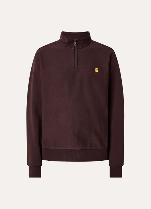 Carhartt WIP American Script sweater met halve rits en logo - voorkant donkerbruin