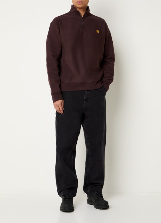 Carhartt WIP American Script sweater met halve rits en logo - voorkant 2 donkerbruin