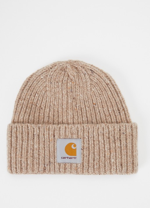 Carhartt WIP Anglistic grofgebreide muts in wolblend met gemêleerd dessin - voorkant beige