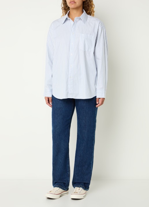 Carhartt WIP Keene blouse met streepprint en logoborduring - voorkant 4 blauwgrijs