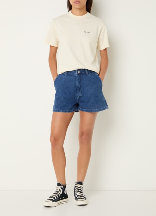 Carhartt WIP Lova Low waist wide fit korte broek van denim met medium wassing - voorkant 4 indigo
