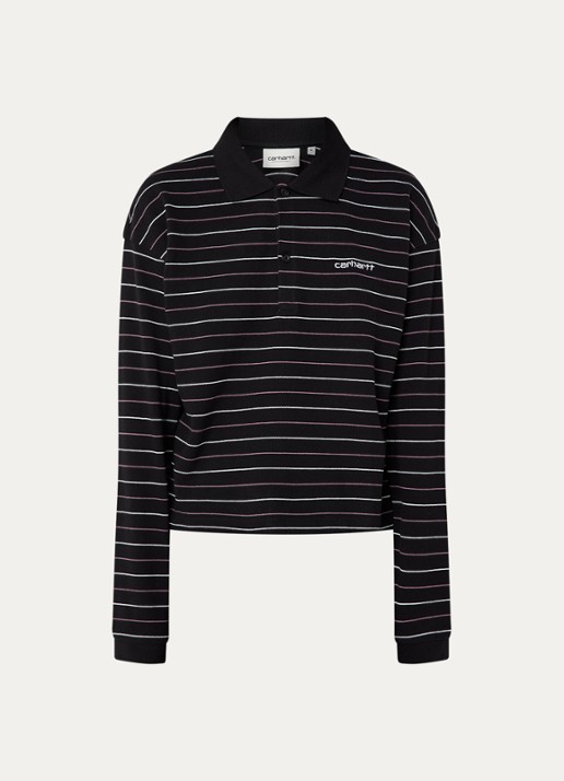 Carhartt WIP Mabel cropped polo van piqué katoen met streepprint - voorkant 2 zwart
