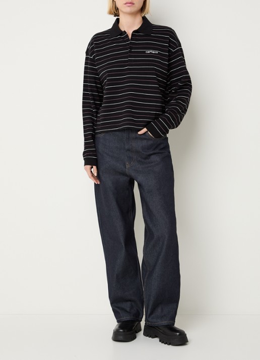Carhartt WIP Mabel cropped polo van piqué katoen met streepprint - voorkant 3 zwart
