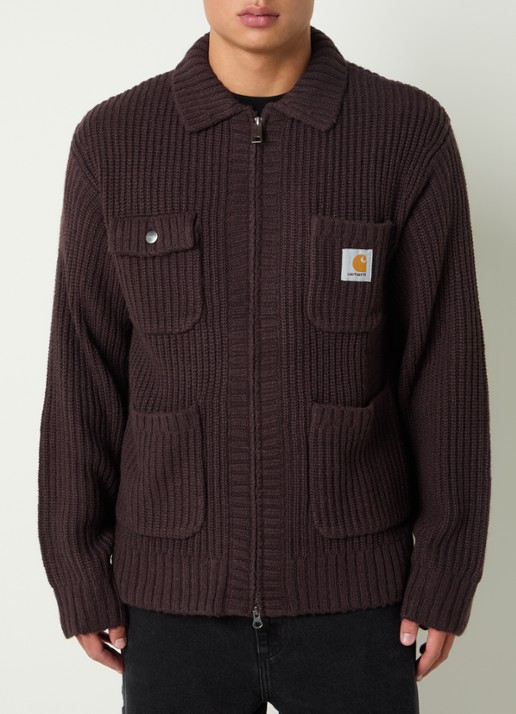 Carhartt WIP Ribgebreid vest in wolblend met opgestikte zakken - detail bordeauxrood