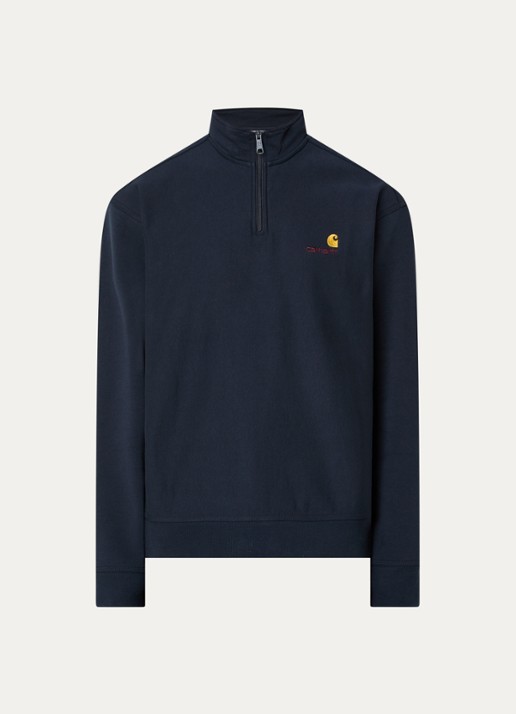 Carhartt WIP Sweater met logo en halve rits - voorkant 2 donkerblauw