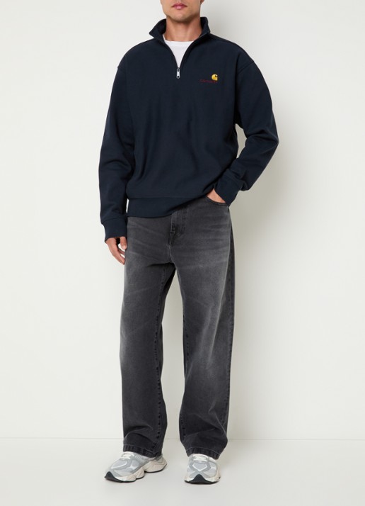 Carhartt WIP Sweater met logo en halve rits - voorkant 3 donkerblauw