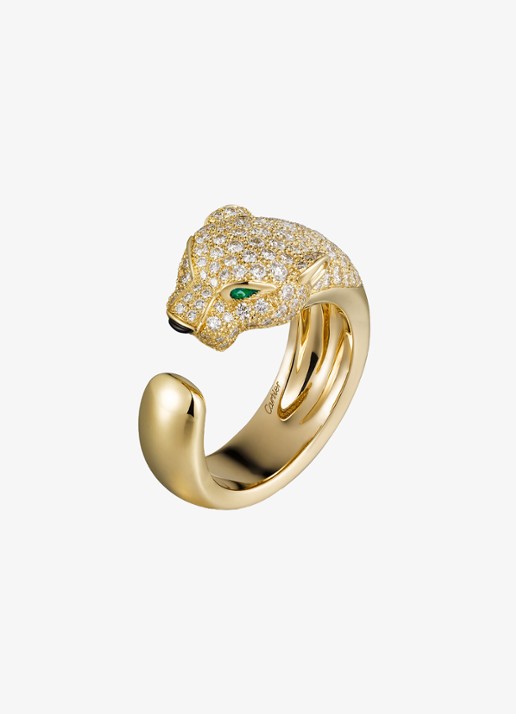 Cartier Panthère de Cartier ring, medium model van 18 karaat geelgoud met onyx, smaragd en 1.15 ct diamant CRN42250