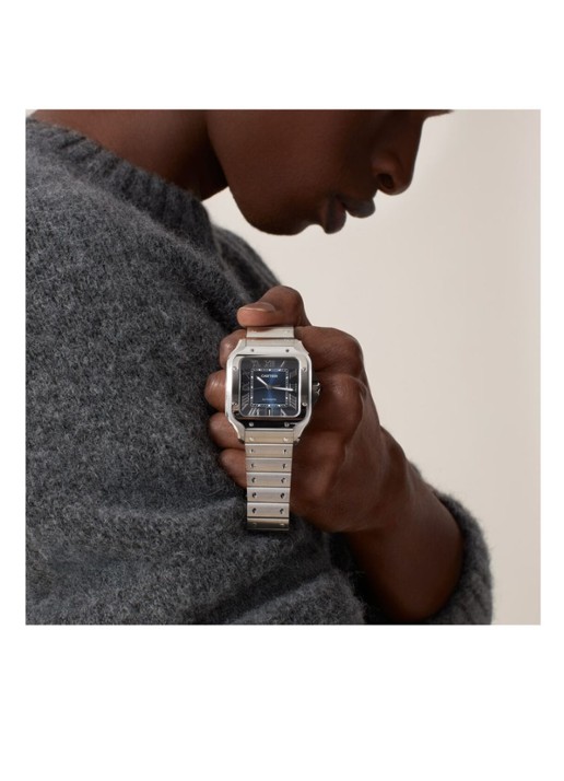 Cartier Santos de Cartier horloge, large model, Blauwe wijzerplaat, automatisch uurwerk, staal, verwisselbare staal en lederen horlogebanden CRWSSA0030 - detail 3 zilver