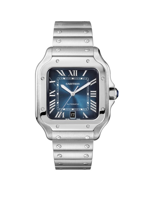 Cartier Santos de Cartier horloge, large model, Blauwe wijzerplaat, automatisch uurwerk, staal, verwisselbare staal en lederen horlogebanden CRWSSA0030 - voorkant zilver