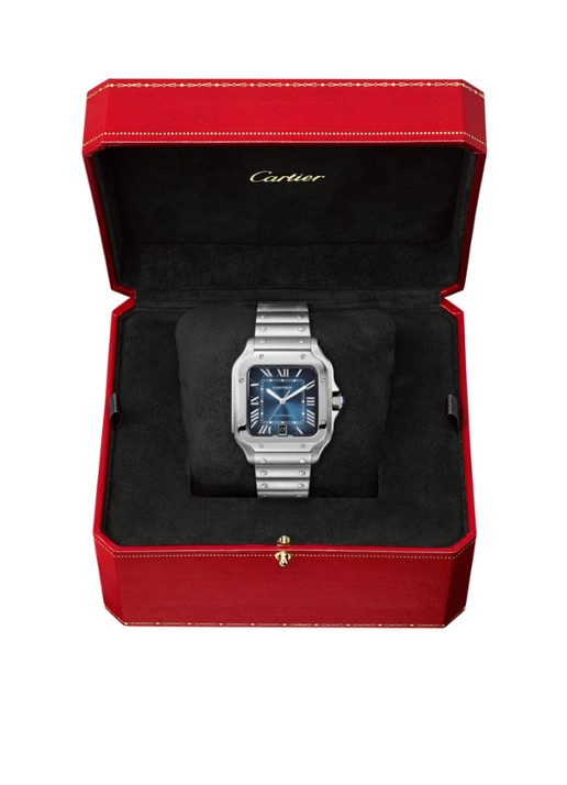 Cartier Santos de Cartier horloge, large model, Blauwe wijzerplaat, automatisch uurwerk, staal, verwisselbare staal en lederen horlogebanden CRWSSA0030 - voorkant 2 zilver