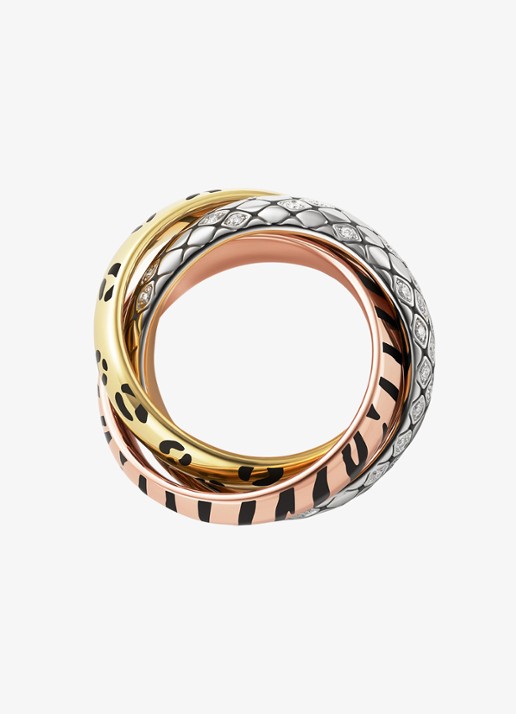 Cartier Trinity ring van 18 karaat rosé-, wit-, en geelgoud met lakwerk en 0.18 ct diamant CRB42417 - detail multicolor