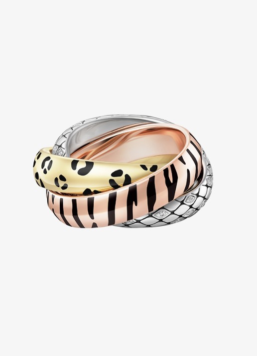 Cartier Trinity ring van 18 karaat rosé-, wit-, en geelgoud met lakwerk en 0.18 ct diamant CRB42417
