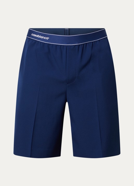 Casablanca Loose fit korte broek in wolblend met logoband - voorkant 4 donkerblauw
