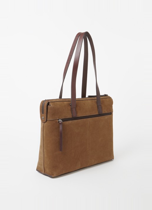 Castelijn & Beerens Nubuck schoudertas met 15,6 inch laptopvak - achterkant zand