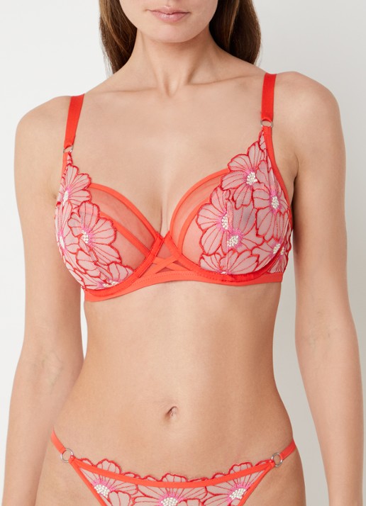 Chantelle Beugel bh van mesh met bloemborduring - voorkant 5 koraalrood